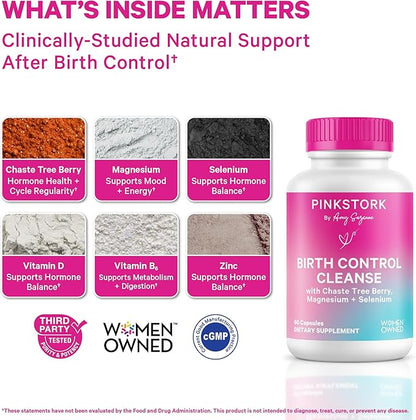 Pink Stork Birth Control Cleanse to Support Hormone Balance, with Chaste Tree Berry (Vitex), Magnesium, and Selenium, Period Support for Conception, Fertility Supplements for Women - 60 Capsules