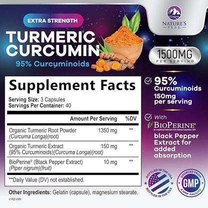 Turmeric Curcumin Supplement - 1350mg Organic Turmeric Per Serving - 95% Curcuminoids & BioPerine Black Pepper Extract for Best Absorption - Natural Vegan Joint Support, Bottled in USA - 120 Capsules