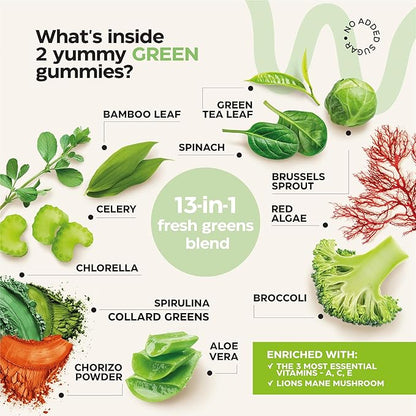 Super Greens + Super Fruits Gummies (Fruits/Greens Powder in Gummies Form) - 600mg Greens Blend + 600mg Fruits Blend for Immune Support, Sugar Free, Vegetarian, Non-GMO, 2-Pack (120 Gummies)