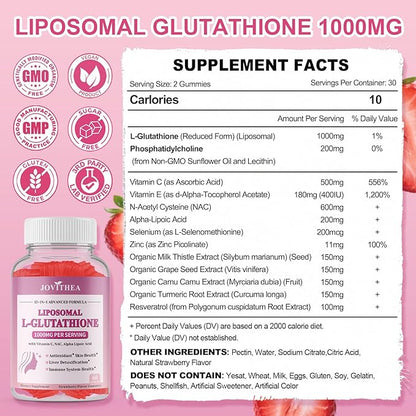 Liposomal Glutathione Gummies 1000mg, High Absorption Glutathione Supplement with Vitamin C, NAC, Milk Thistle for Skin Health, Liver Detox & Immune, Vegan, Sugar Free, Strawberry Flavor, 60 Count