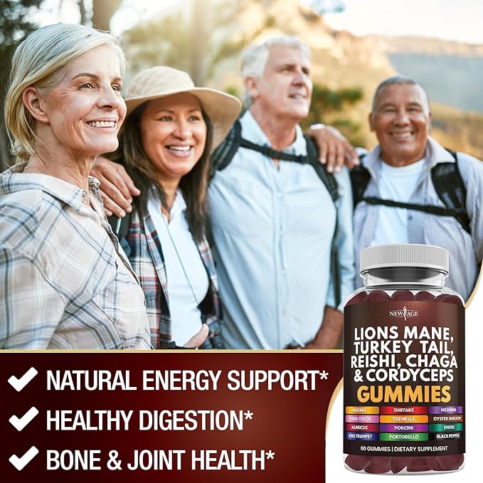 NEW AGE Mushroom Lion's Mane Supplement Gummies - Comprehensive Mushroom Supplement with Reishi, Cordyceps - 180 Count