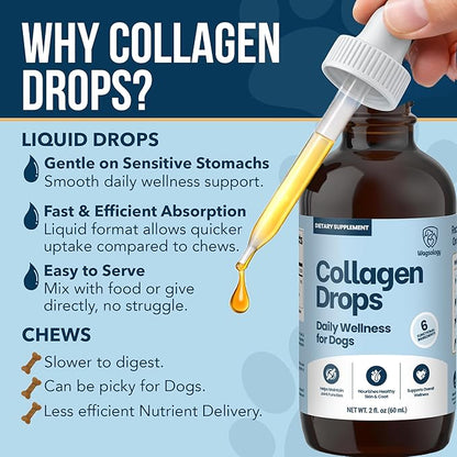 Liquid Collagen for Dogs - Dog Collagen Drops for Dogs, Supports Joints, Skin, Coat, Bones and Itch Relief for Dog, 6 in 1 Formula, 3 Types Collagens, Biotin, Vitamin C, Vitamin E and Hyaluronic Acid