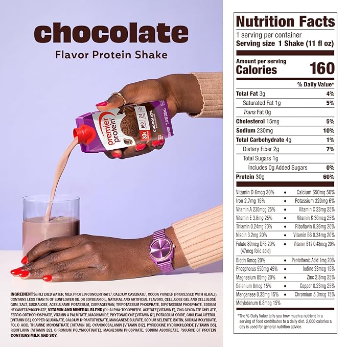 Premier Protein Shake, Chocolate, 30g Protein, No Added Sugar, 24 Vitamins & Minerals to Support Immune Health, 11 fl oz, 4 Pack
