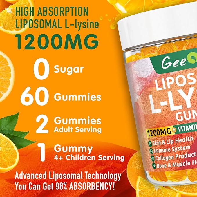 Liposomal L-lysine Gummies 1200mg, Lysine Chewable Supplement with Vitamin C, D3, B12 & Zinc for Adults & Kids, Immune & Collagen Support, Lips & Skin Health, Vegan, Natural Fruit Flavor, 60CT