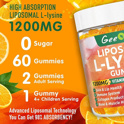 Liposomal L-lysine Gummies 1200mg, Lysine Chewable Supplement with Vitamin C, D3, B12 & Zinc for Adults & Kids, Immune & Collagen Support, Lips & Skin Health, Vegan, Natural Fruit Flavor, 60CT