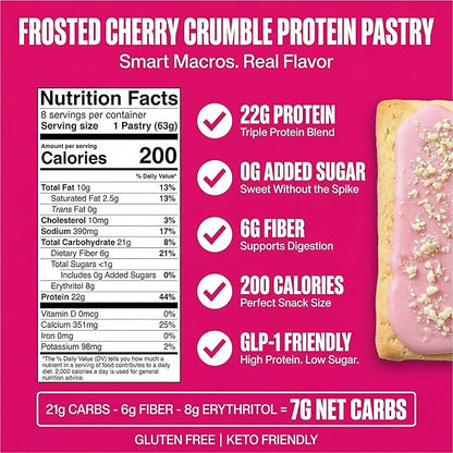 Legendary Foods 22g Protein Pastry 0g Added Sugar, Low Carb, Gluten Conscious, Keto Snack, Ideal for Glucose Management, Includes Whey Protein Isolate, 8 Pack Cherry Crumble