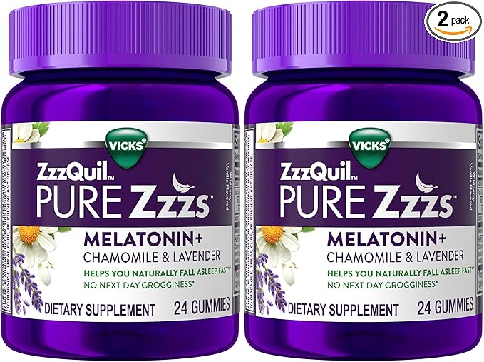 ZzzQuil Pure Zzzs, Melatonin Sleep Aid Gummies with Lavender, Valerian Root and Chamomile, Natural Wildberry Vanilla Flavor, Non-Habit Forming, Drug-Free, 24 Gummies (Pack of 2)