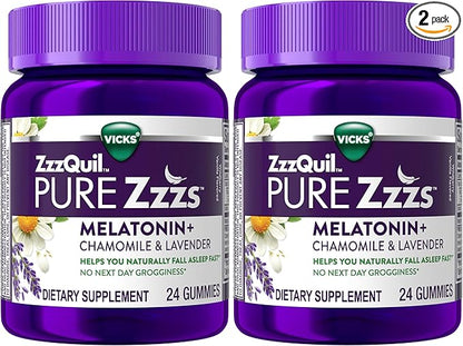 ZzzQuil Pure Zzzs, Melatonin Sleep Aid Gummies with Lavender, Valerian Root and Chamomile, Natural Wildberry Vanilla Flavor, Non-Habit Forming, Drug-Free, 24 Gummies (Pack of 2)