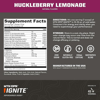 MTN OPS Ignite Sugar Free Energy Drink Powder with 200mg Caffeine, Nootropic Blend for Energy, Focus & Endurance, L Arginine & L Citrulline Pre Workout, 45 Servings, Huckleberry Lemonade