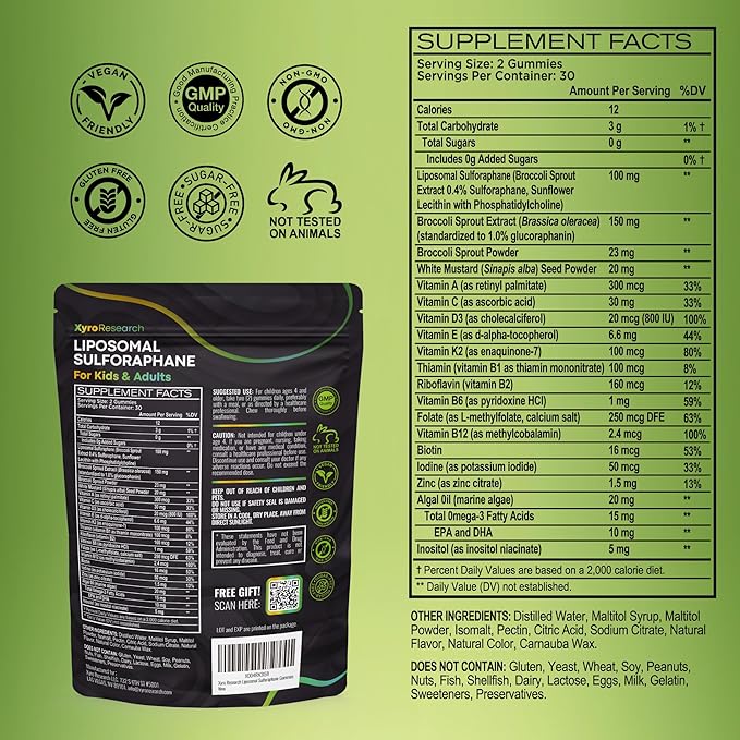 Liposomal Sulforaphane Gummies - 150mg Broccoli Sprout Extract with Vitamins Supplement for Kids Adults - Antioxidant Cellular Health & Liver Detox Support - Non-GMO Vegan Sugar-Free