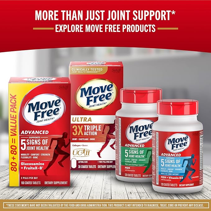 Move Free Ultra Pro with Quadruple Action Joint Support - Type 2 Collagen MSM Calcium Fructoborate & Manganese - Supports Joint Cartiliage Bone Connective Tissue, 120 Tablets (30 servings)