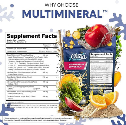 Clean Nutraceuticals Sea Moss Black Seed Oil Ashwagandha Turmeric Bladderwrack Burdock & Vitamin C Vitamin D3 with Elderberry Manuka Dandelion (120 Count (Pack of 1))
