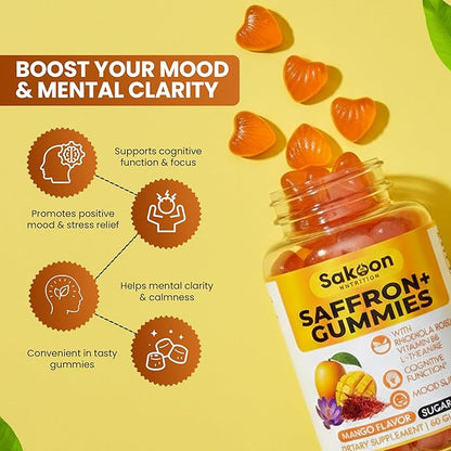 Saffron Gummies for Mood Boost & Stress Relief | Saffron Extract with 150mg Rhodiola Rosea & L-Theanine | Sugar Free Mango Flavor | Focus & Energy Supplement for Women & Men | 60 Count