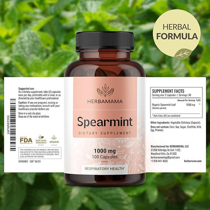 HERBAMAMA Spearmint Capsules - 1000 mg Spearmint Leaf Capsules for Digestive Support - Vegan, Non-GMO Digestive & Skin Supplement - 50-Day Supply
