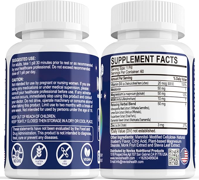 NEVISS Melatonin 50 mg for Adults - Extra Strength 9-in-1 Fast Dissolve Sublingual - High Dose with Magnesium Glycinate, Vitamin D3, Ashwagandha, Lemon Balm, Chamomile, Sugar Free, Vegan 180 Tablets