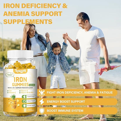 2 Packs 100MG Iron Supplements Gummies for Women & Men - Contains Vitamin C, A, B - Suitable Adults & Kids, Iron Deficiency, Immune & Energy Support, Pineapple Flavor, Non-GMO, 120 Counts