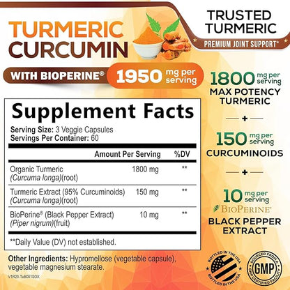 Turmeric Curcumin Supplement - 95% Curcuminoids with Organic Turmeric & BioPerine Black Pepper for Best Absorption - Daily Joint & Immune Health Support, Vegan, Non-GMO, Bottled in USA - 180 Capsules