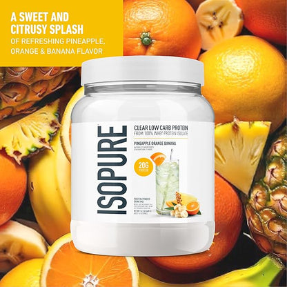 Isopure Clear Whey Isolate Protein Powder, Lactose Free, Gluten Free, Naturally Flavored, Pineapple Orange Banana, 20g Protein Per Serving, 14.1 Oz, 16 Servings (Packaging May Vary)