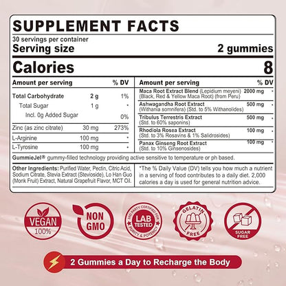 2 Pack Sugar Free Maca Root Gummies 2000mg with Ashwagandha, Tribulus Terrestris, Rhodiola, Panax Ginseng, L Arginine & L Tyrosine - Organic Black Red Yellow Maca Root for Women Men Energy Support