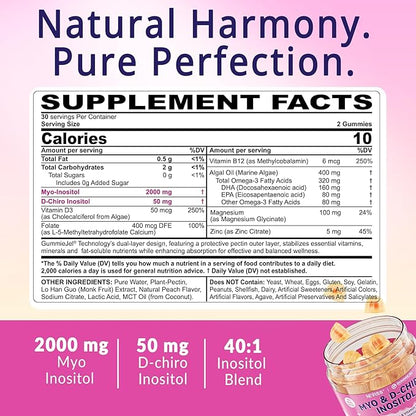 2 Pack Myo-Inositol & D-Chiro Inositol, Hormone Balance for Women | Sugar Free Inositol Gummies w/ Omega 3, MTHF Folate, Vitamin D3, B12, Magnesium & Zinc for Ovarian Health, Ideal 40:1 Ratio, Vegan