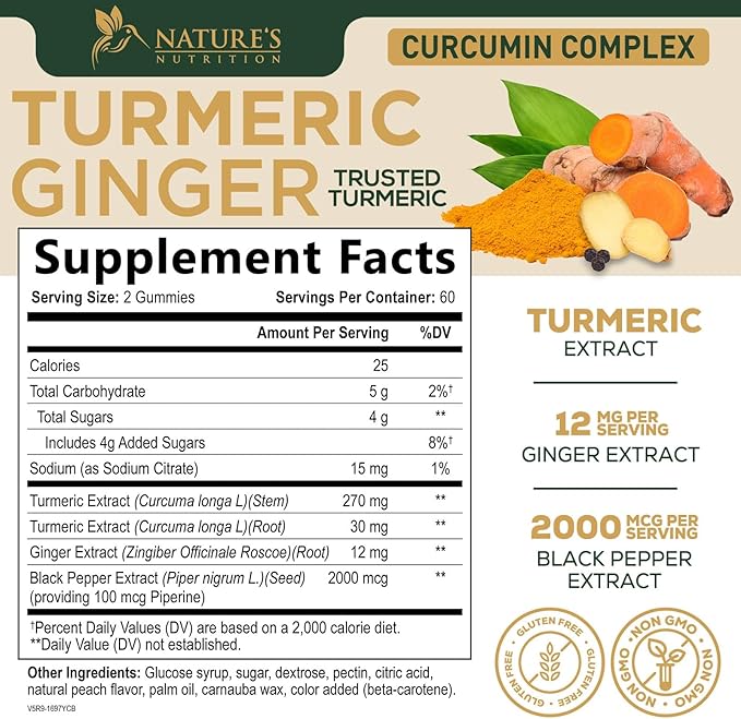 Turmeric Curcumin Supplement Gummies - 95% Curcuminoids with Turmeric & Ginger, Black Pepper for Best Absorption, Nature's Vegan Joint Support, Non-GMO, Gluten Free, Tasty Peach Flavor - 120 Gummies