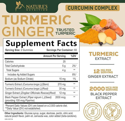 Turmeric Curcumin Supplement Gummies - 95% Curcuminoids with Turmeric & Ginger, Black Pepper for Best Absorption, Nature's Vegan Joint Support, Non-GMO, Gluten Free, Tasty Peach Flavor - 120 Gummies