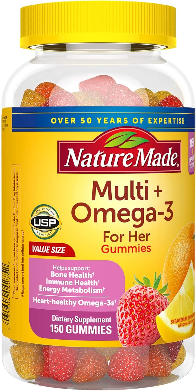 Nature Made Womens Gummy Multivitamins with Omega-3, Multivitamin for Women for Daily Nutritional Support, 150 Gummies, 75 Day Supply, (Pack of 2)