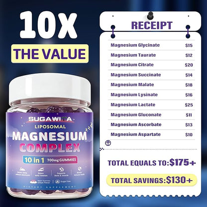 Magnesium Complex for Women, 10 in1 Magnesium Glycinate, Malate, & Citrate, Magnesium Gummies 700mg with Ashwagandha & L-Theanine, Vegan, 30 Servings