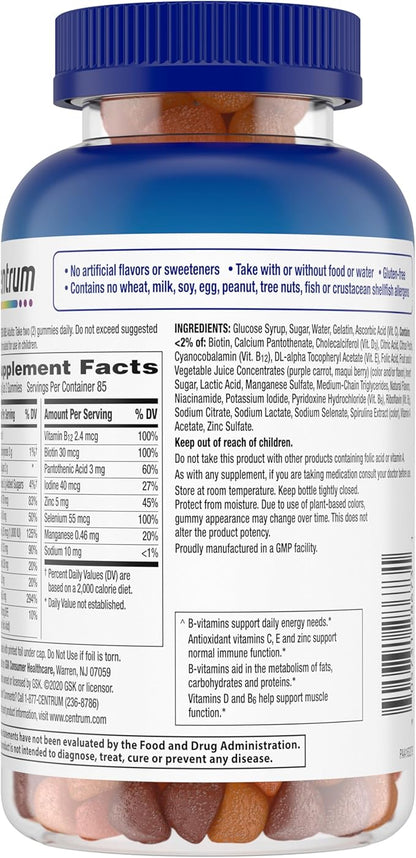 Centrum MultiGummies Gummy Multivitamin for Men, Multivitamin/Multimineral Supplement with Selenium, Antioxidants and Vitamin D3, Assorted Fruit Flavor - 170 Count