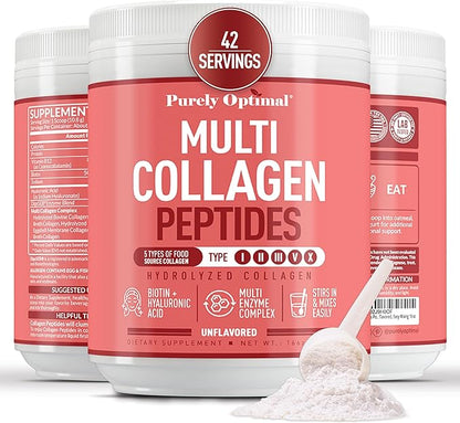 Purely Optimal Collagen Peptides Powder - 5 Types Hydrolyzed Collagen Peptides with Biotin, B12, & Hyaluronic Acid for Hair, Skin, Nails, Bones & Joints - Unflavored, Easy Mixing, 16oz, 42 Servings