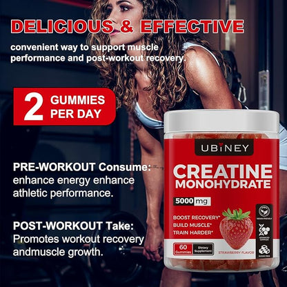 Creatine Monohydrate Gummies 5000mg – Sugar-Free, Vegan, Gluten-Free – Enhanced with Vitamin B12 & L-Taurine for Muscle Growth, Recovery & Strength – Delicious Strawberry Flavor, 60 Count