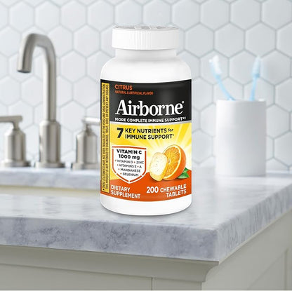 Airborne 1000mg Vitamin C with D and Zinc, Multivitamin Immune Support Supplement with Antioxidants A, C, and E, 200 Chewable Tablets, Citrus Flavor,(Pack of 2)