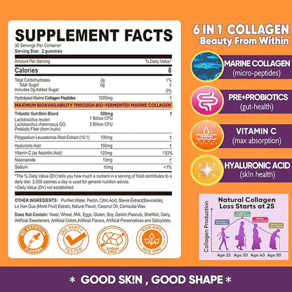 Collagen Gummies for Women Sugar-Free - Hydrolyzed Marine Collagen Peptides with Prebiotics & Probiotics,Niacinamide,Hyaluronic Acid ,Vitamin C Supplement for Hair, Nails, Gut Health, 120 Count