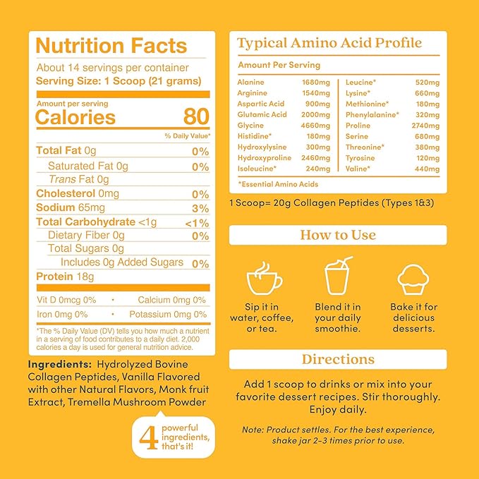Further Food Vanilla Collagen Peptides Powder with Tremella Mushroom – 100% Grass-Fed, Hydrolyzed Type 1 & 3, 20g of Collagen per Serving, Supports Skin, Hair, Nails & Joints, 10.37 Oz