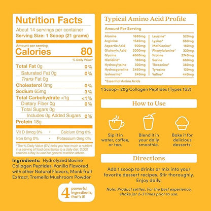 Further Food Vanilla Collagen Peptides Powder with Tremella Mushroom – 100% Grass-Fed, Hydrolyzed Type 1 & 3, 20g of Collagen per Serving, Supports Skin, Hair, Nails & Joints, 10.37 Oz