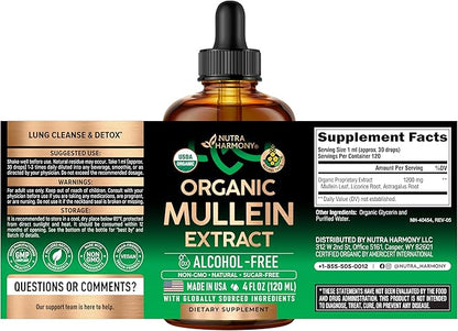 Mullein Drops for Lungs - USDA Organic Liquid - Mullein Leaf Extract Supplement - Made in USA - Lung & Bronchial Cleanse for Smokers - Respiratory Health Support - As Tincture, Tea, Pills - 4 fl oz