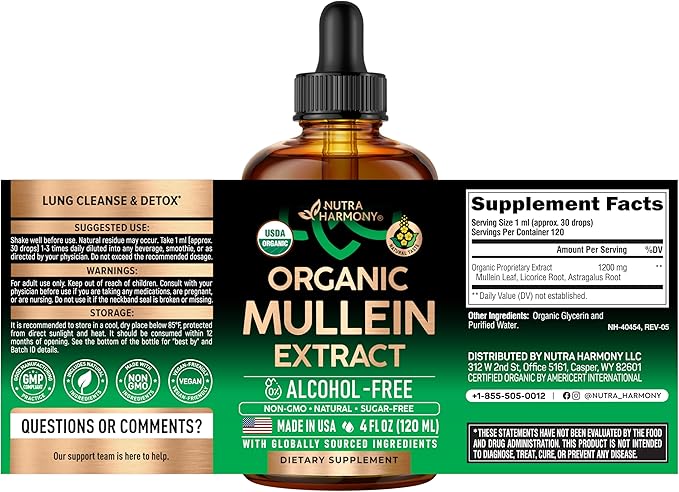 Mullein Drops for Lungs - USDA Organic Liquid - Mullein Leaf Extract Supplement - Made in USA - Lung & Bronchial Cleanse for Smokers - Respiratory Health Support - As Tincture, Tea, Pills - Pack of 2