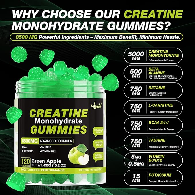 Creatine Monohydrate Gummies 8500MG for Men & Women - Creatine Gummies Sugar Free Pre Workout, Promote Muscle Growth, Boost Strength & Energy, 120 Count Green Apple