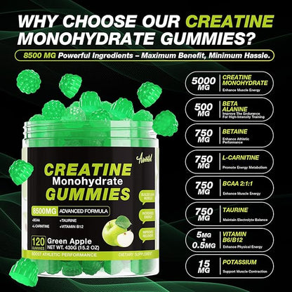 Creatine Monohydrate Gummies 8500MG for Men & Women - Creatine Gummies Sugar Free Pre Workout, Promote Muscle Growth, Boost Strength & Energy, 120 Count Green Apple