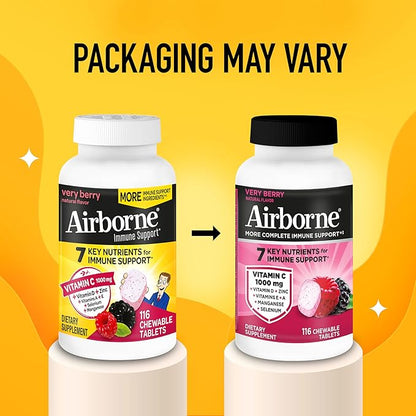 Airborne Vitamin C 1000mg (per Serving) - Very Berry Chewable Tablets (116 Count in a Bottle), Gluten-Free Immune Support Supplement, with Vitamins A C E, Zinc, Selenium, Ginger, Antioxidants