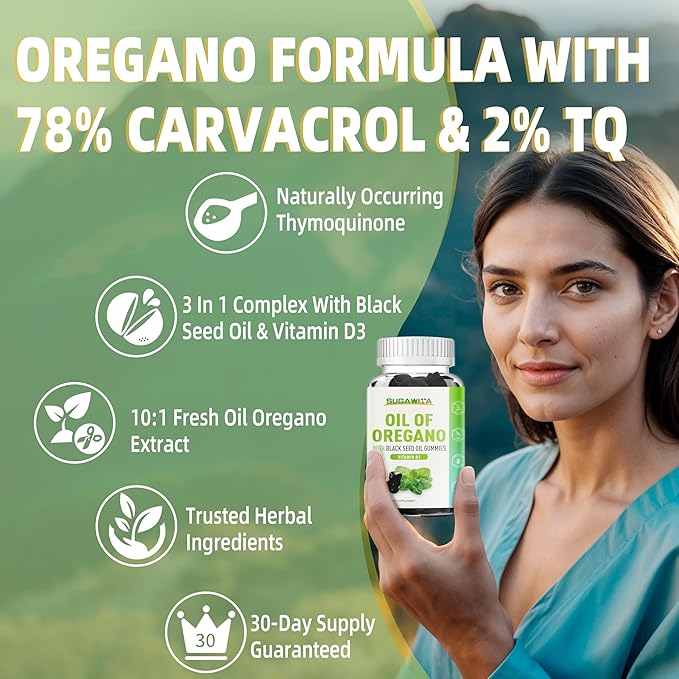 Oregano Oil Gummies, 3-in-1 Oil of Oregano with Black Seed Oil Gummies, Organic Oregano Chewable Supplements with Vitamin D3-60 Counts