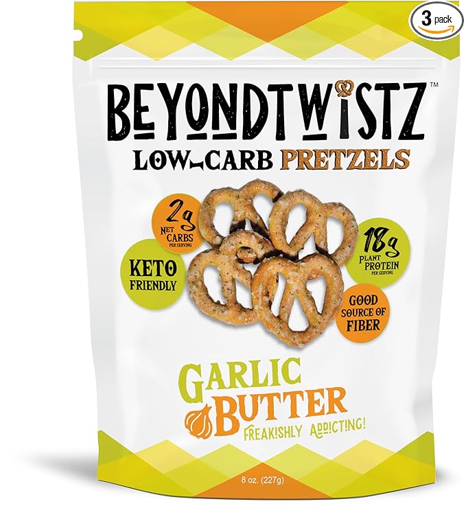 BeyondTwistz Low Carb Pretzels, Garlic Butter, Keto Friendly, 2g Net Carbs, 18g Protein, Powered By HealthSense® High Fiber Wheat Flour, Family Size 8oz Bag, Pack of 3