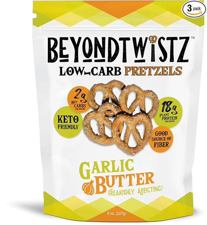 BeyondTwistz Low Carb Pretzels, Garlic Butter, Keto Friendly, 2g Net Carbs, 18g Protein, Powered By HealthSense® High Fiber Wheat Flour, Family Size 8oz Bag, Pack of 3