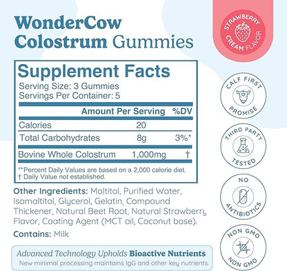 WONDERCOW Colostrum Gummies for Gut Health, Immune Support & Wellness | Natural IgG Whole Bovine Colostrum Supplement, 1,000mg per Serving (15 Gummies (5 Servings), Strawberry Cream)