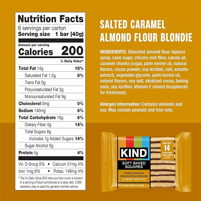 KIND Soft Baked Squares, Salted Caramel Almond Flour Blondie, Gluten Free, Healthy Snack Bars, 5g Protein, 6 Count