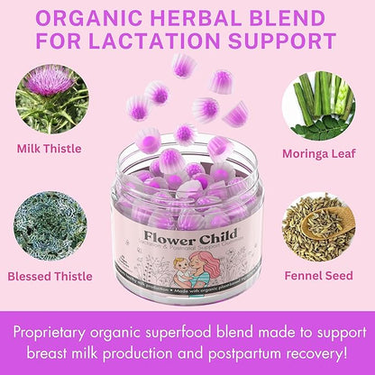 Flower Child Breastfeeding Gummies for Milk Production with Organic Moringa, Milk Thistle, Choline & DHA, Lactation Supplement Postnatal Recovery Vitamins, Fenugreek Free, Vegan, 60 Count