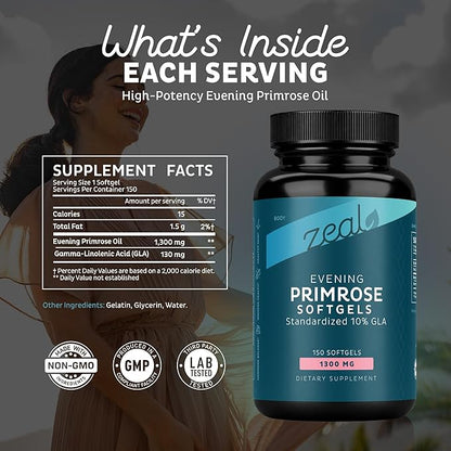 Zeal Evening Primrose Oil Softgels 1300mg for Women - GLA Supplement (Gamma Linolenic Acid 130mg) - Hormone Support, Skin & Hair Health - 150 Softgels