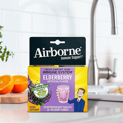 Airborne Elderberry Extract + Vitamin C 1000mg (per Serving) - Effervescent Tablets (20 Count in a Box), Gluten-Free Immune Support Supplement, with Vitamins A C E, Zinc, Selenium, Sugar Free