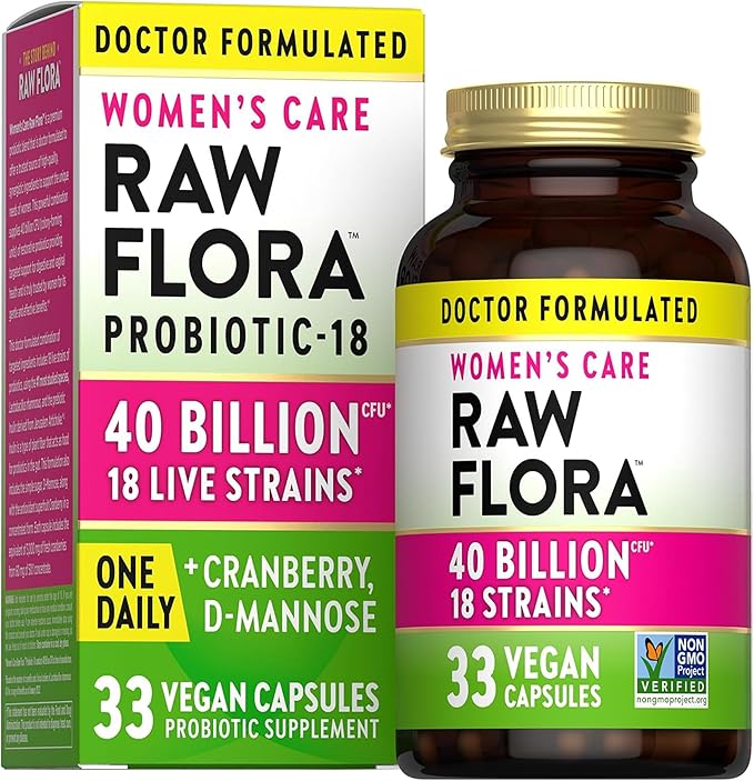 Raw Flora Women's Probiotics | Dr. Formulated 40 Billion CFU + Prebiotics | Digestive, Vaginal & Urinary Support | 33 Vegan Capsules with Cranberry & D-Mannose | Shelf Stable