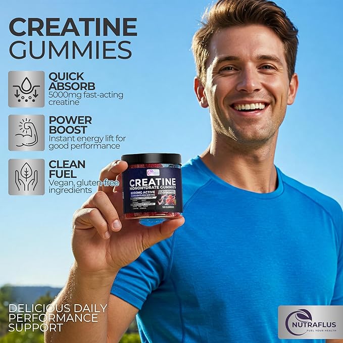 Creatine Monohydrate Gummies – Berry Flavored Creatine Supplements for Women and Men – 120Pcs Pre Workout Gummies with BCAA, Taurine, Vitamin B12 - Promote Energy Boost, Performance